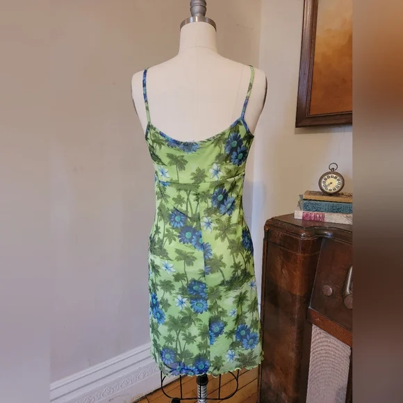 Vintage Y2k Green Tropical Mesh Dress 2000s Millenium Medium - Picture 5 of 7